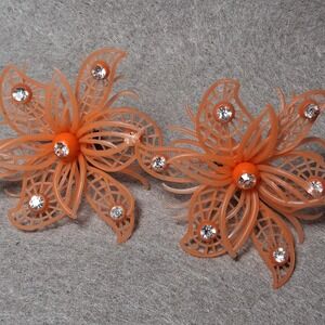 Vtg West Germany Soft Plastic Flower Clip On Earrings Orange Rhinestone MCM 2"